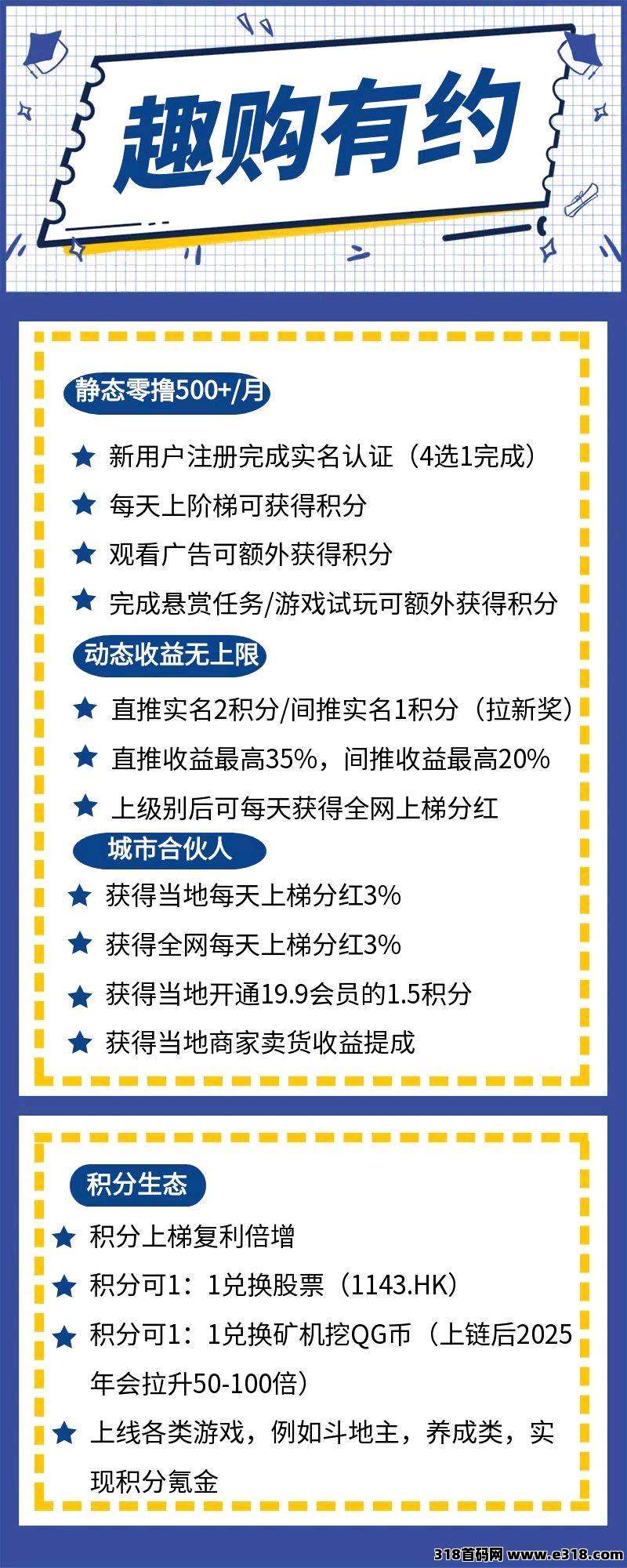 【趣购有约】今日首码，零撸高扶持，长期稳定爬梯项目